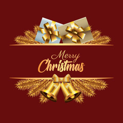 Merry Christmas Greeting Card with Golden Ribbon and Gift Boxes