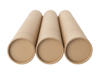 Isolated trio of cylindrical cardboard containers in a row, facing forward, in neutral colors