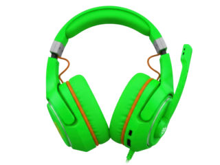 Isolated neon green gaming headphones with microphone for online gamers or streaming video