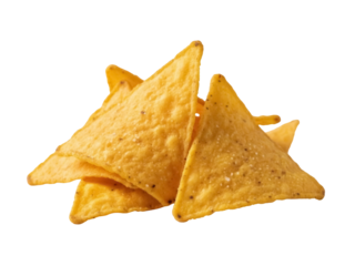 Isolated crunchy corn tortilla chips, yellow triangles, savory snack, salty treat for dipping