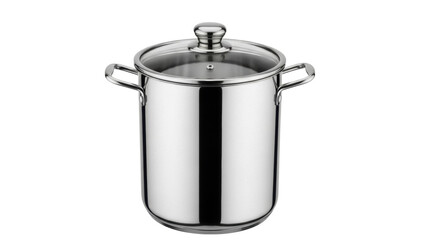 Isolated stainless steel stock pot with clear glass lid, cookware for kitchen cooking