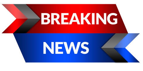 Red Blue Breaking News banner isolated on transparent background with bold red and yellow alert style for television broadcast, live news ticker, and media headlines
