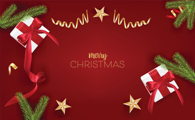 Happy New Year, Xmas decorative design elements with gifts box and red tinsel. Horizontal Christmas posters, greeting cards. Objects viewed from above. Flat lay, Top view