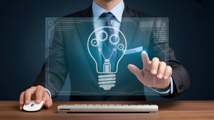 Businessman activating lightbulb with gears on interactive display, presenting idea creation and innovative technology