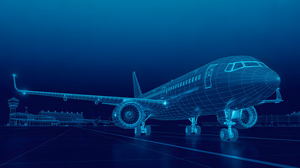 Digital art illustration shows commercial plane wireframe at the airport in glowing blue style, showcasing modern technology