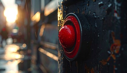 Red lamp on dark metal, glistening with droplets in sunlit street scene