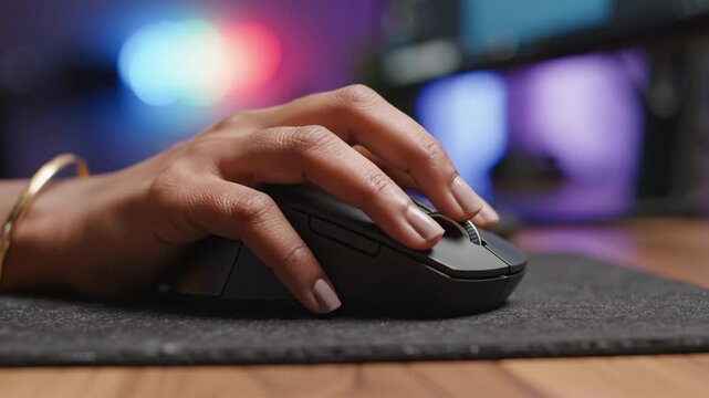 Close up female hand operating wireless computer mouse on dark pad. Blurred colorful lights create modern tech atmosphere. Perfect for gaming, office work and digital business themes.