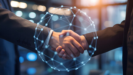 Business deal illustration depicts handshake connecting network, symbolizing partnership, agreements, and advanced digital technology in corporate environment
