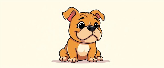 Fototapeta premium Cute cartoon bulldog illustration, sitting with a friendly expression, featuring characteristic wrinkles and sturdy build, simple vector art, pedigree, mascot