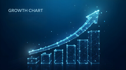 Futuristic digital growth chart visualization with an upward pointing arrow showing business success on a dark blue background