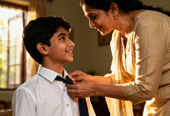 Indian mother helping her son with his school uniform tie. Loving parent and child getting ready in the morning at home. Family bonding and motherhood concept
