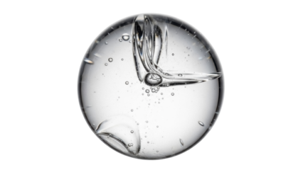 Transparent gel sphere PNG isolated, clear orb with bubbles for cosmetic product mockups and scientific visualizations on transparent background