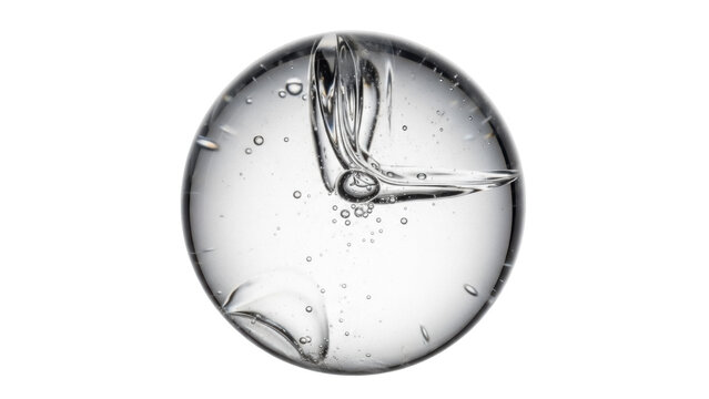 Transparent gel sphere PNG isolated, clear orb with bubbles for cosmetic product mockups and scientific visualizations on transparent background