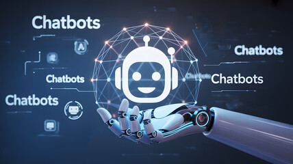 Robotic arm displays a chatbot in a digital illustration featuring futuristic network
