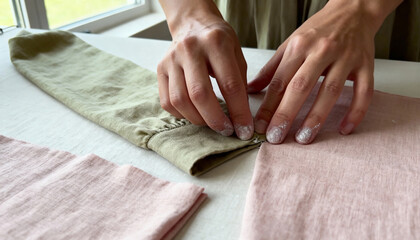 Obraz premium A tailor's hands working with natural linen fabric. Seamstress sewing a handmade garment. Craftsmanship and dressmaking process