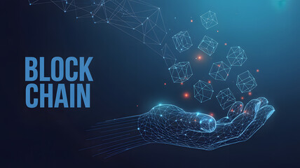 Digital illustration showcases a futuristic blockchain design with wireframe cubes emerging from a hand on a dark blue backdrop