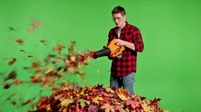 Leaf Blower's Frenzied Dance with leaf blower blowing leaves along effect videos Mission Cordless Power Tools style featuring leaf