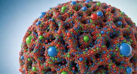 Abstract, colorful sphere composed of many small, interconnected balls and larger glowing spheres, representing complex structure.