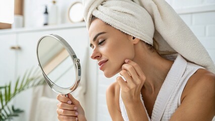 A woman with a towel on her head examines her skin in a mirror, showcasing a serene beauty and self-care moment in a bright, modern bathroom.