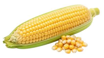 Fresh yellow corn cob isolated PNG, sweetcorn kernels on transparent background Healthy vegetable food for cooking and agricultural concepts