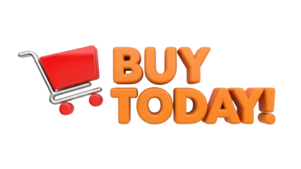 Orange 3D buy today text with shopping cart isolated PNG, promotional sale graphic on transparent background
