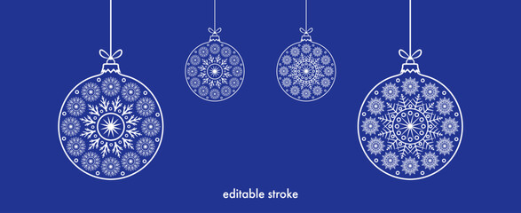 Abstract editable stroke vintage christmas baubles set with snowflake decoration on blue backround. Balls with iceflake to use for christmas card, winter holiday, happy new year card. 