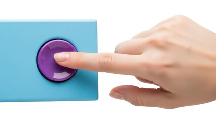 Isolated hand pressing a purple button on a device for children, childhood game or toy