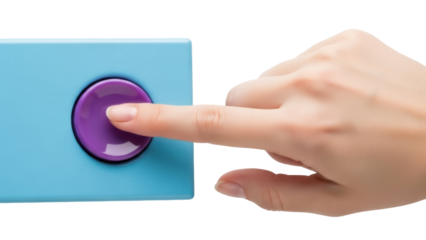 Isolated hand pressing a purple button on a device for children, childhood game or toy