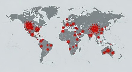 World map with COVID-19 virus icons spread across continents, illustrating global pandemic spread.