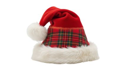Red and Plaid Santa Hat Product Shot with White Faux Fur Trim and Pompom isolated PNG with Transparent Background