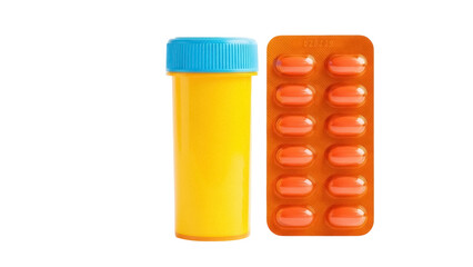 Isolated medicine bottle with blue lid next to a full blister pack of orange medication