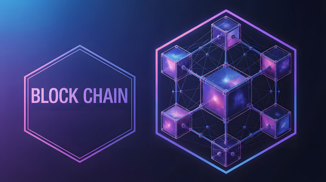 Digital illustration showcasing a blockchain network, concept for digital security, cryptocurrency, and data encryption with glowing cubes connected by lines on a blue - Powered by Adobe