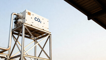 Direct Air Capture (DAC) technology for CO2 removal from the atmosphere. Industrial carbon capture unit. Green energy and climate change solution with copy space