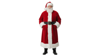 Classic Santa Claus in Red Suit Standing with Hands in Pockets isolated PNG with Transparent Background