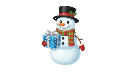 Isolated Cute Cartoon Snowman with Top Hat, Red Scarf, Mittens, and Blue Gift Box isolated PNG with Transparent Background