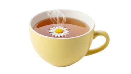 Yellow teacup with chamomile tea isolated PNG, herbal drink with flower on transparent background for healthy lifestyle and relaxation