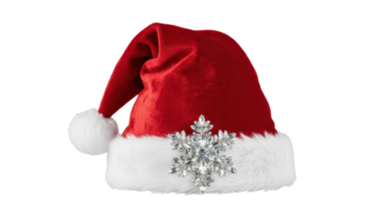 Red Santa Hat with White Fur Trim and Silver Snowflake Decoration isolated PNG with Transparent Background