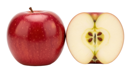 Isolated Red Apple Fruit with Apple Slice Showing Seeds Cut Open, Cross Section, Food Theme