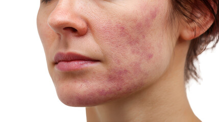 Obraz premium Close up of a woman's face with visible rash symptoms, potentially indicating a skin condition like lupus, isolated on a transparent background for easy integration into various projects