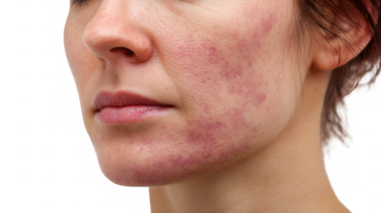 Close up of a woman's face with visible rash symptoms, potentially indicating a skin condition like lupus, isolated on a transparent background for easy integration into various projects