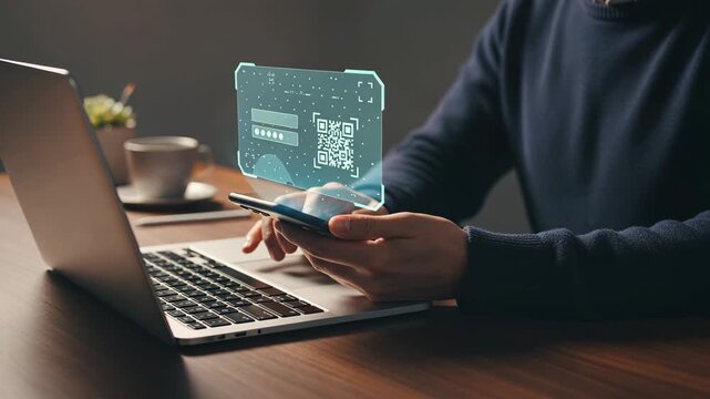 A person with smartphone and laptop showing holographic login and qr icons in warm light, symbolizing secure email verification