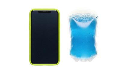 Isolated cellphone in neon-yellow case and cooling pad filled with blue gel for injury relief