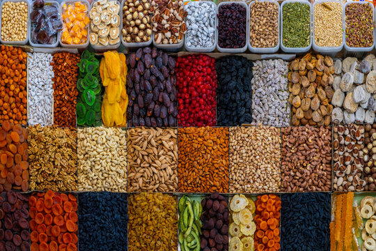 Display of different sort of dried fruits in Kazakhstan