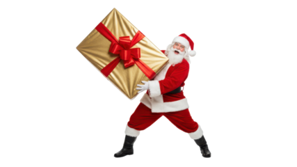Santa Claus struggling to carry a large golden gift box with red ribbon isolated PNG with Transparent Background