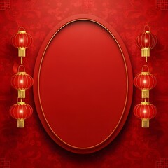 Chinese lanterns and oval frame on red background