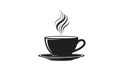Minimalist Black and White Illustration of a Steaming Coffee Cup with Saucer