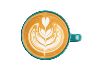 Isolated teal ceramic coffee cup with tulip latte art design floating in the air