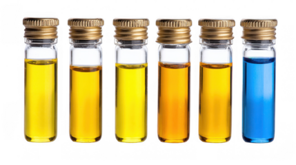 Seven laboratory test tubes filled with colorful chemical liquid samples are arranged in a row. Showcasing a spectrum of hues against a transparent background. Ideal for scientific or medical visuals