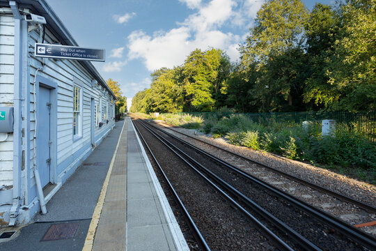 Elevated view of a quiet train platform with parallel tracks, a small station building, and lush trees. A calm, everyday transit scene capturing travel,