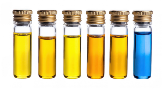 Seven laboratory test tubes filled with colorful chemical liquid samples are arranged in a row. Showcasing a spectrum of hues against a transparent background. Ideal for scientific or medical visuals - Powered by Adobe